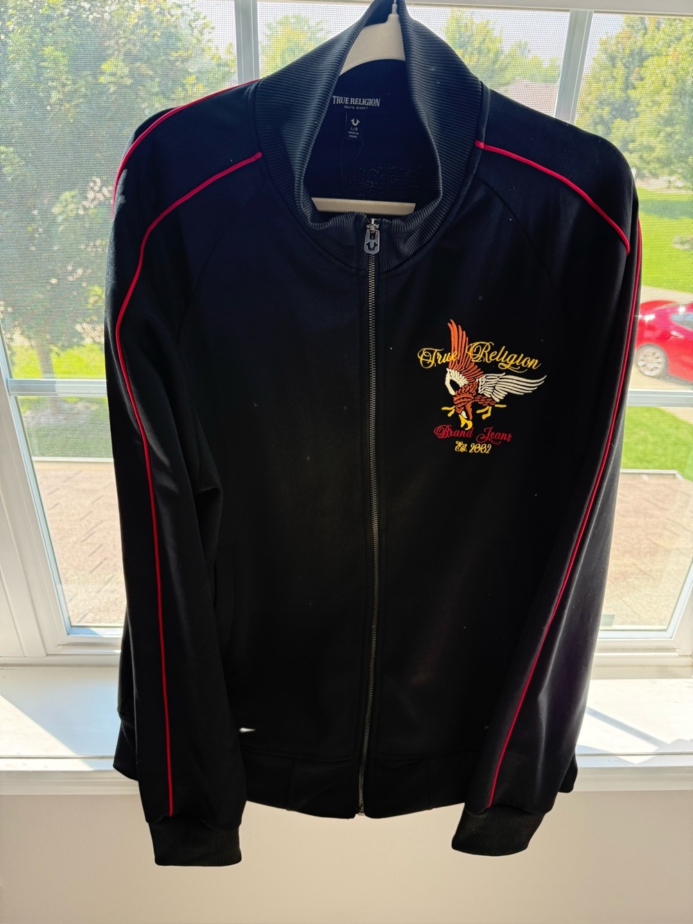 True Religion Black Jacket with Red Piping and Embroidered Crest
